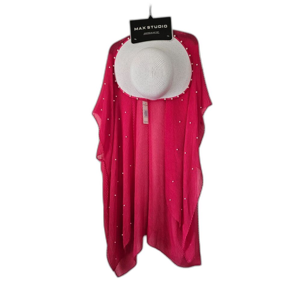 MAX STUDIO Bright Pink and White Sunhat and Coverup Set Pearls One Size NWT